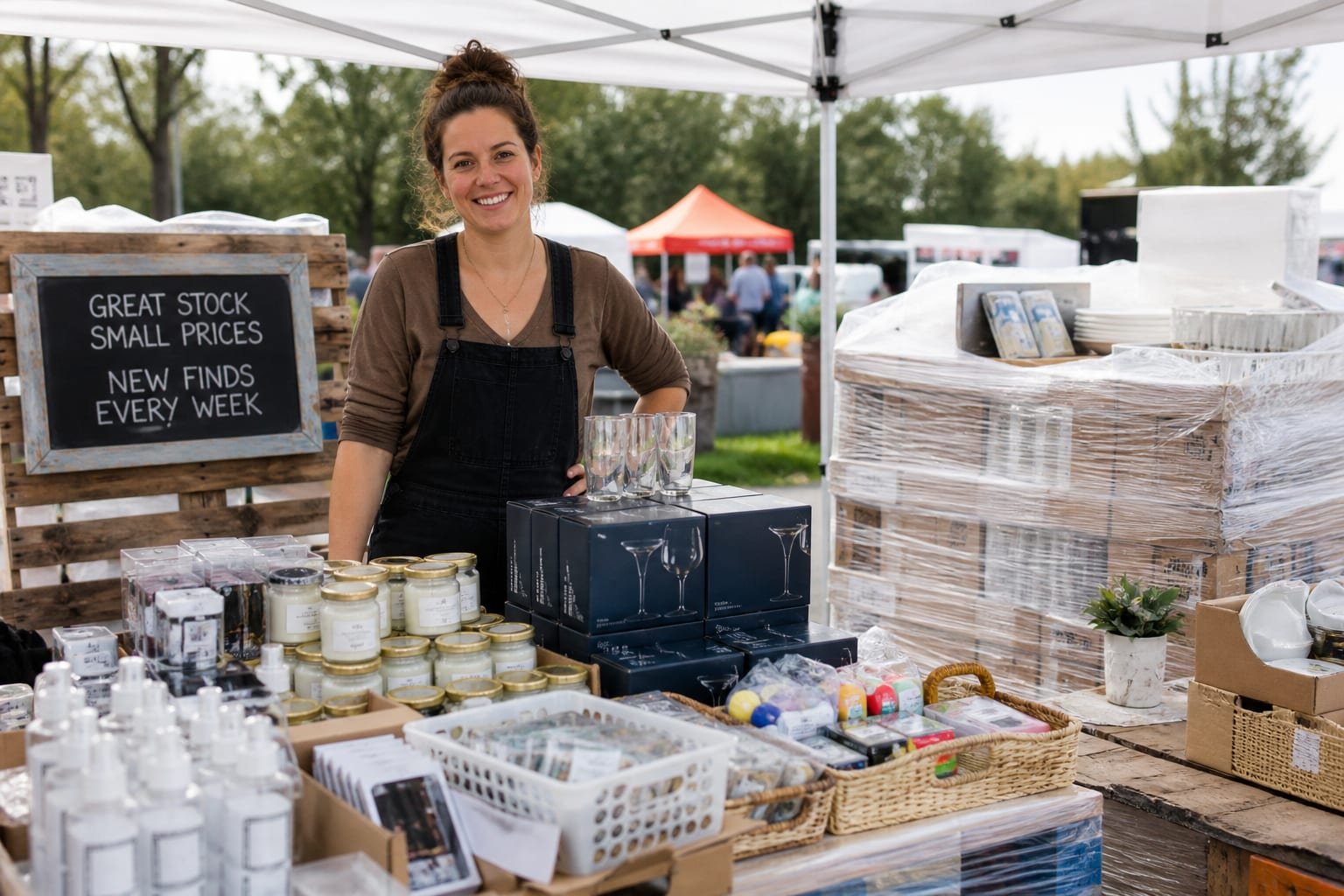 Reseller selling merchandise from a pallet at a booth