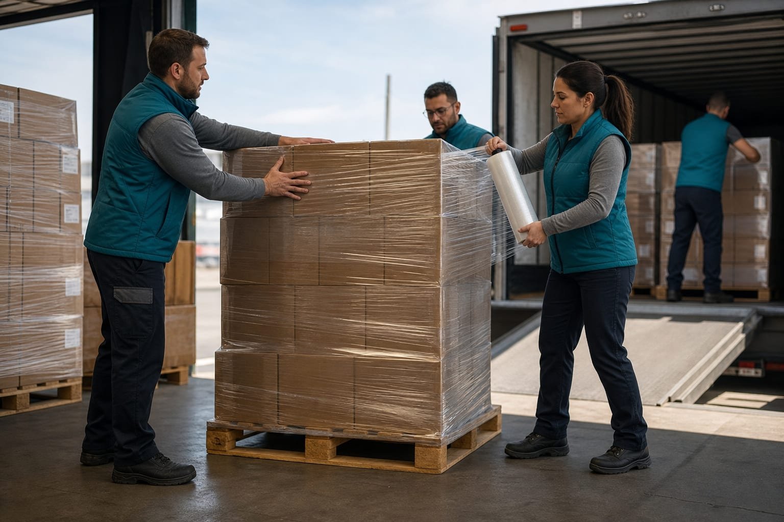 Dock team wrapping pallets for pickup or freight