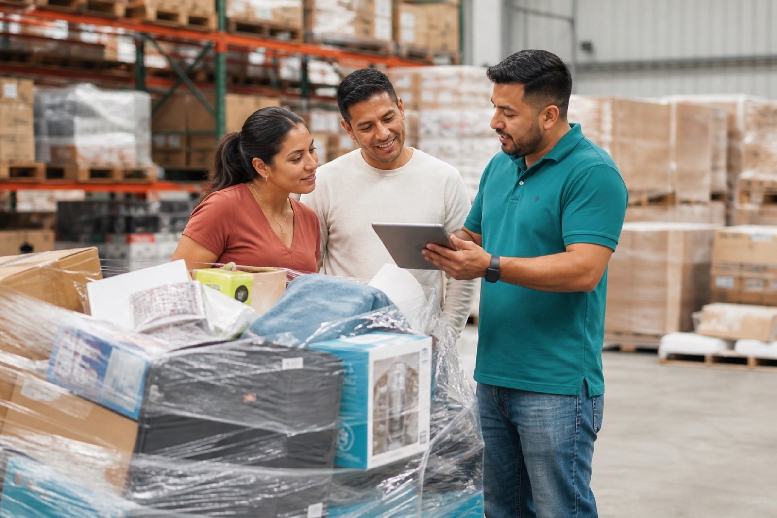 Paleta de mercancía de liquidación etiquetada en el piso de Pallets Stock Room