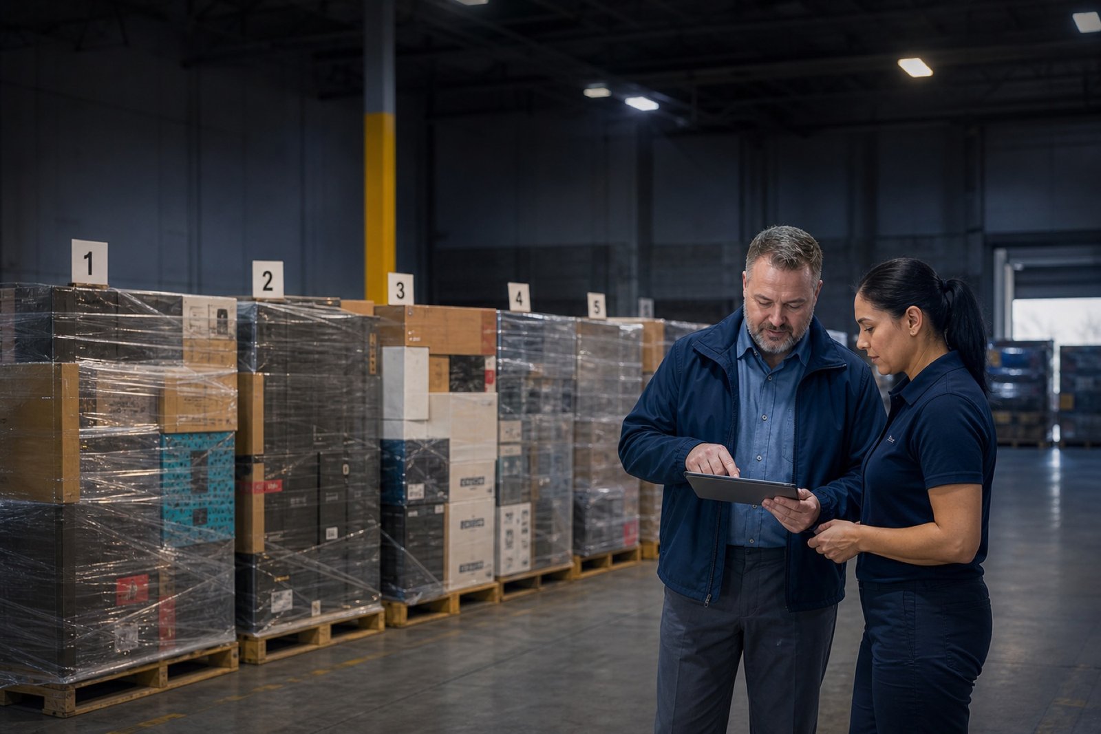 Buyer working through pallet lot notes and cost figures on a clipboard