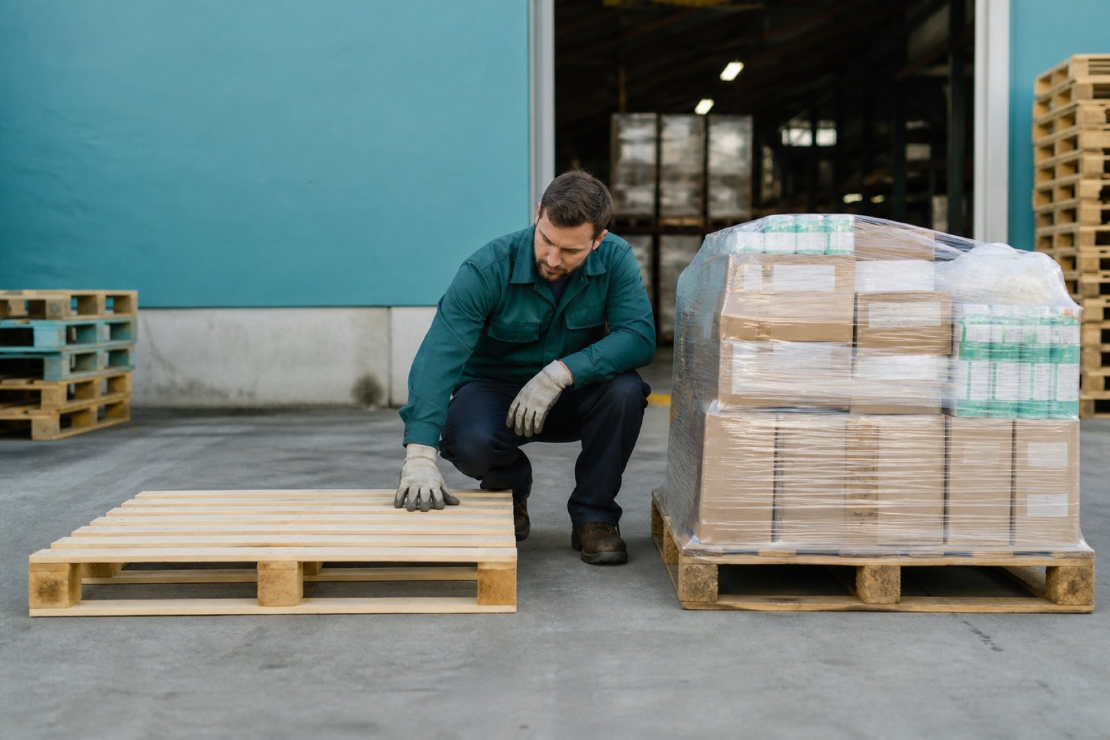 Shrink-wrapped stock pallet staged in a receiving lane at Pallets Stock Room