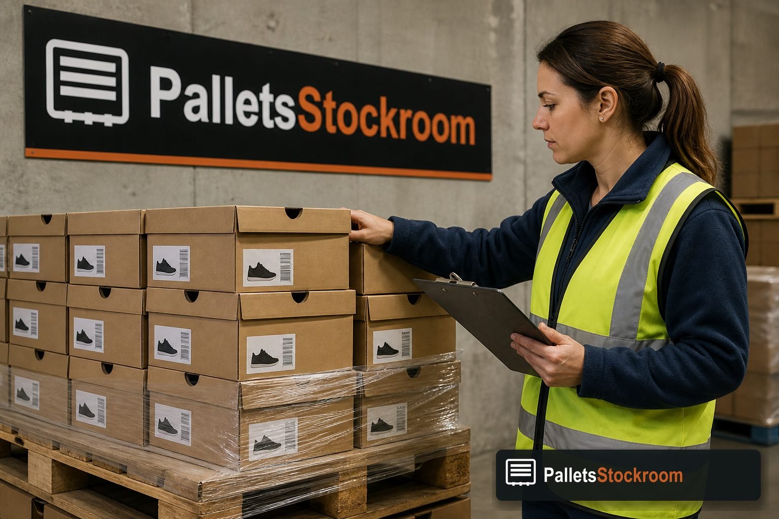 Inspector checking boxed merchandise on a wholesale liquidation pallet
