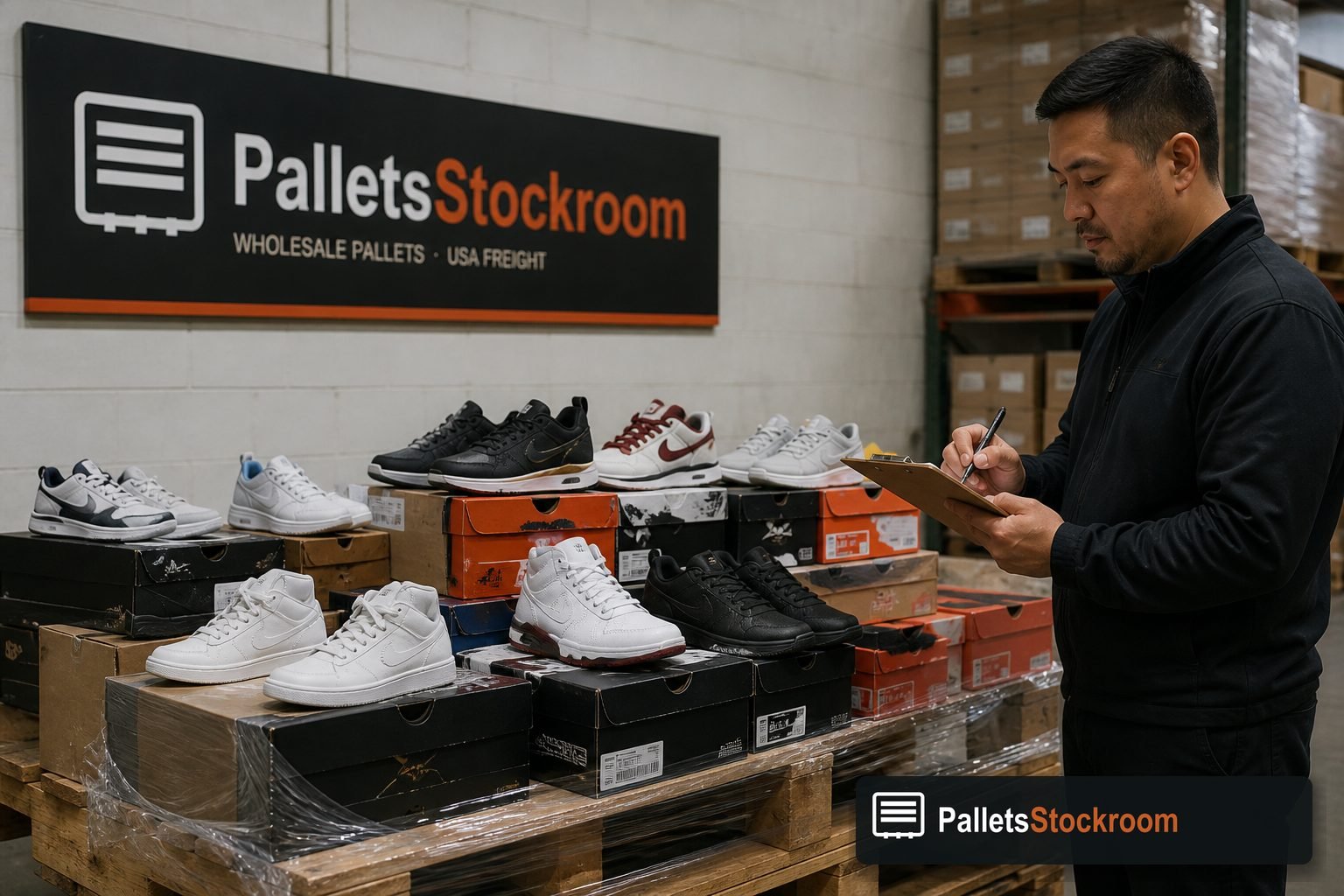 Inspecting boxed merchandise on a wholesale pallet