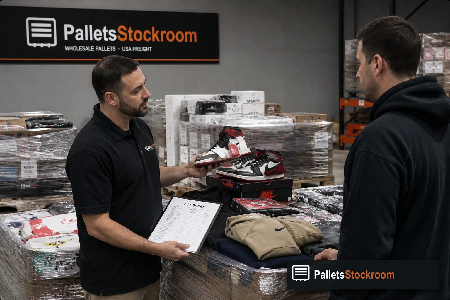 Buyer reviewing a priced merchandise pallet