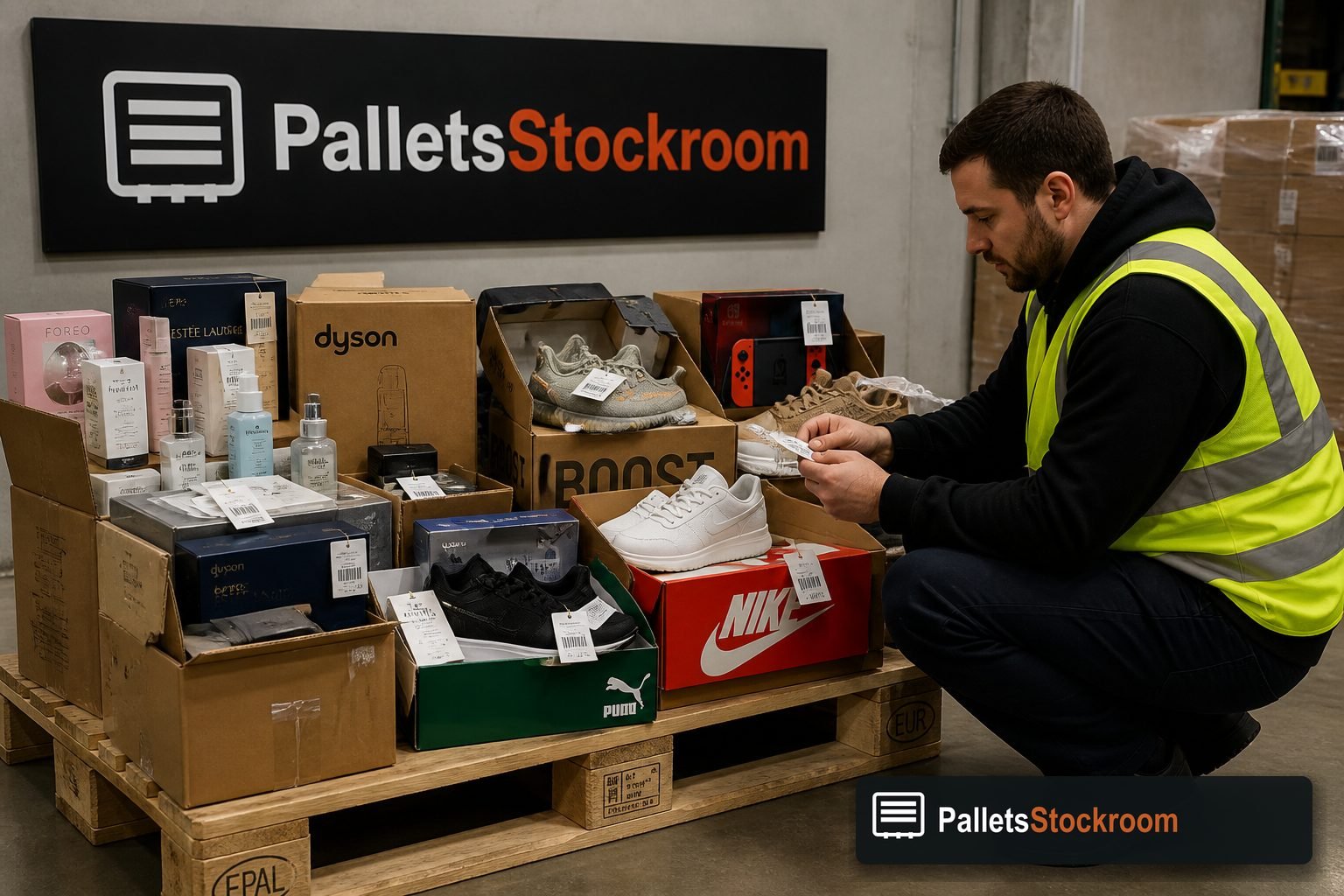 Returned and overstock merchandise on pallets