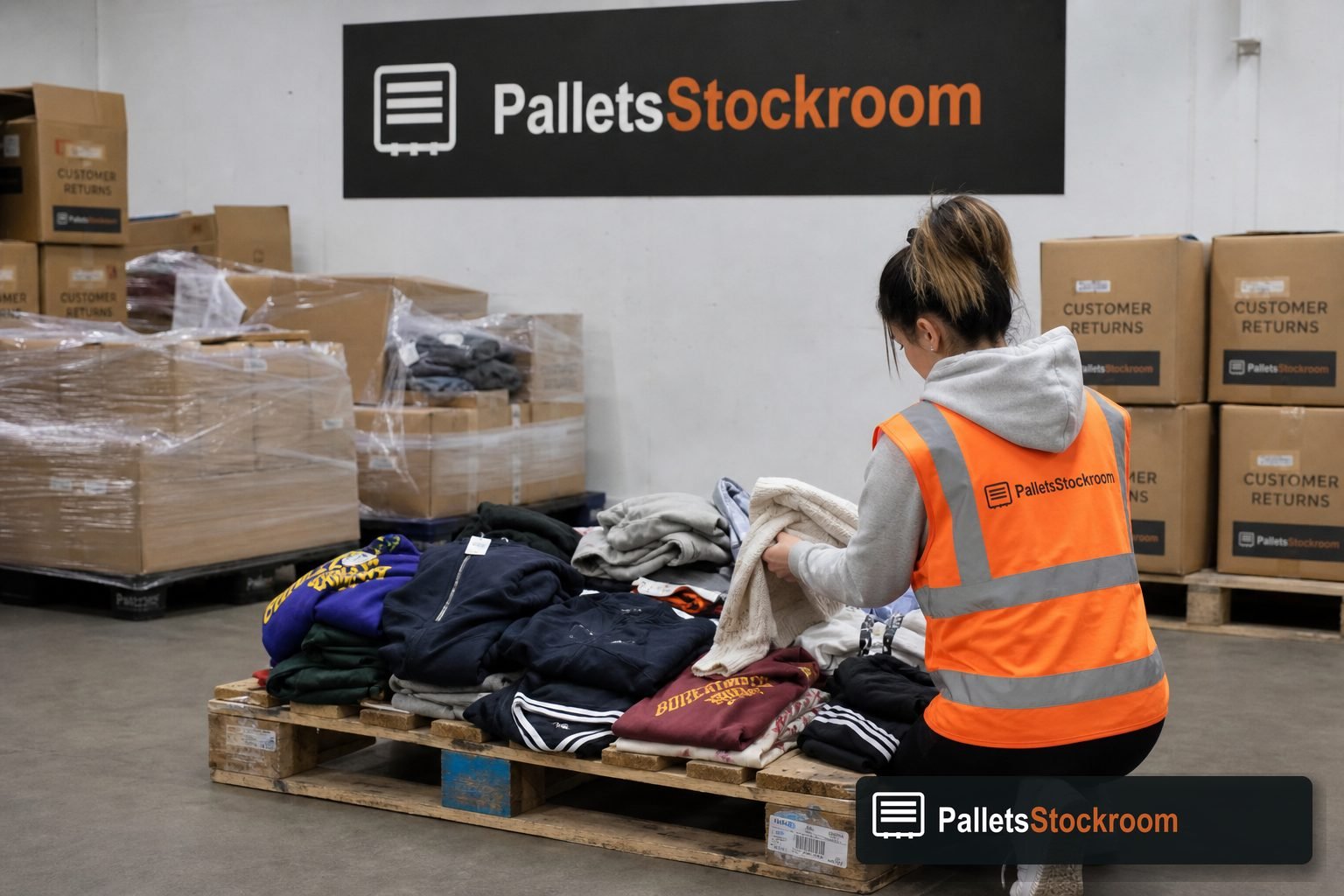 Customer-return clothing sorted on a pallet