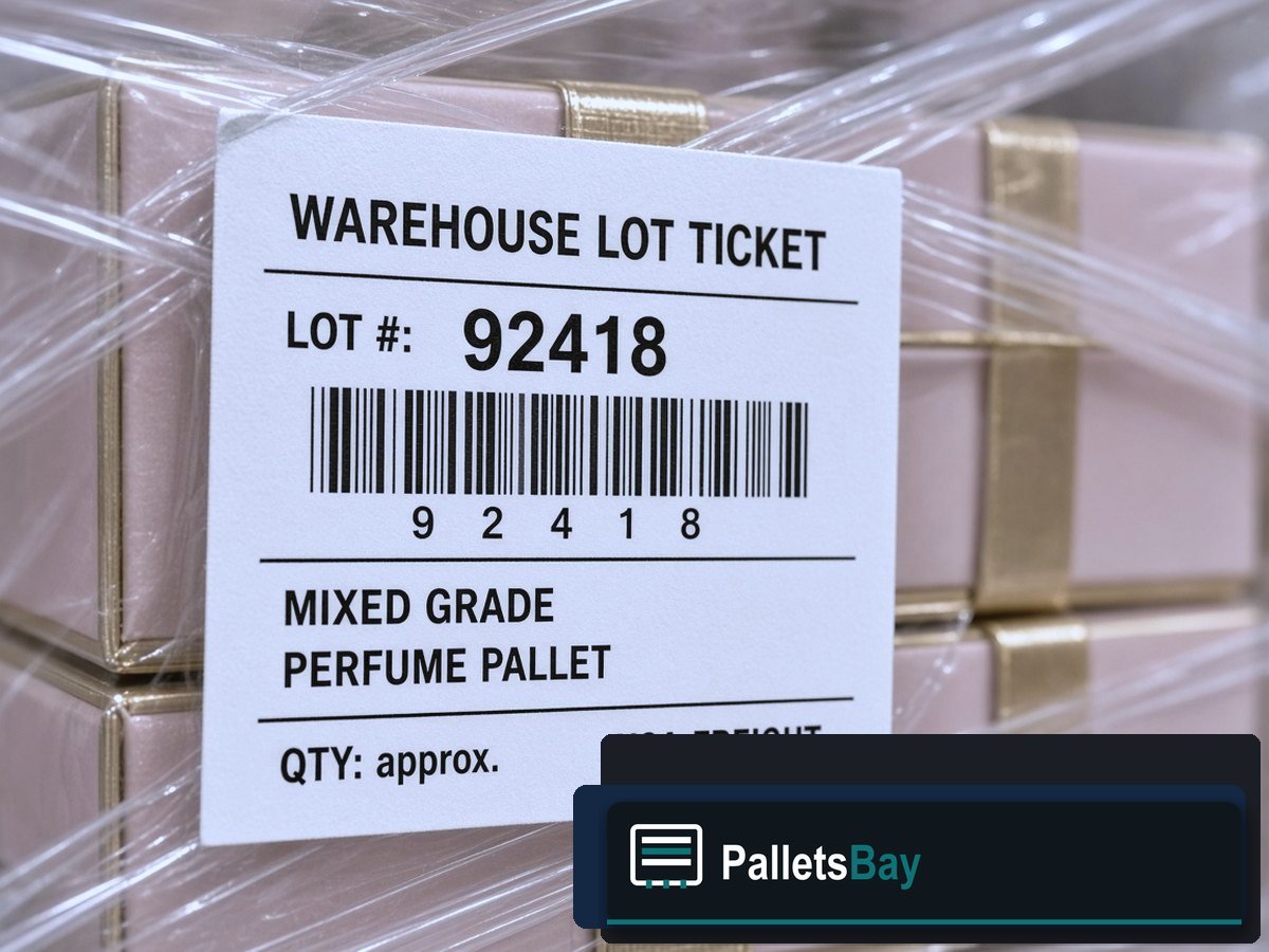 Designer Perfume Pallets — Lot ticket and wrap detail