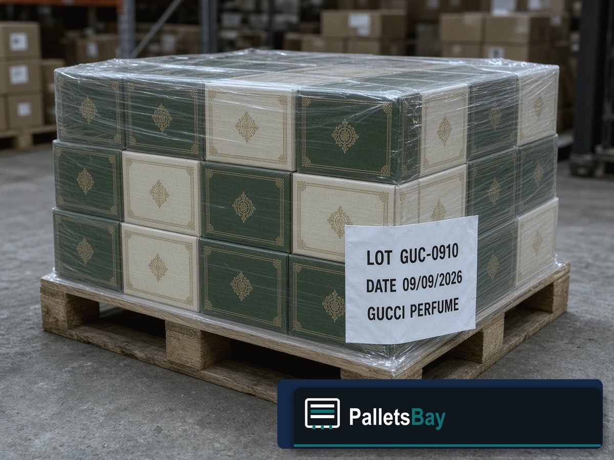 Gucci Perfume Pallets — Lot inventory — boxed fragrance on the skid