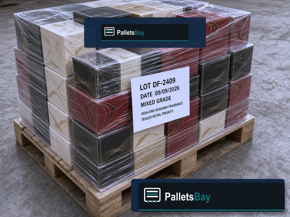 High-End Designer Fragrance Pallets — Lot inventory — boxed fragrance on the skid