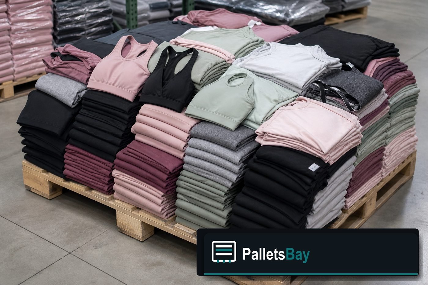Lululemon apparel folded and stacked on a wholesale liquidation pallet at the stockroom