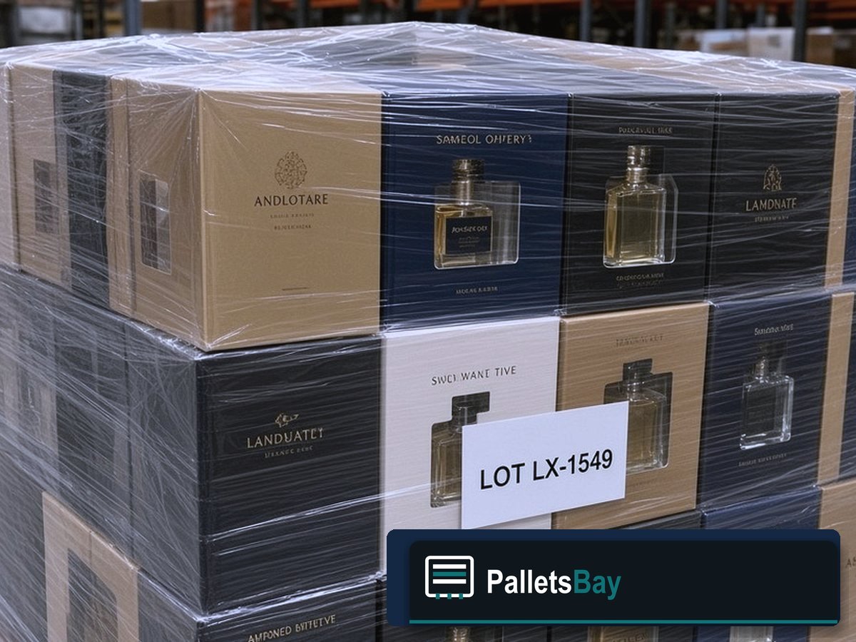 Luxury Mixed Perfume Pallet — LOT LX-1549 — Lot inventory — boxed fragrance on the skid