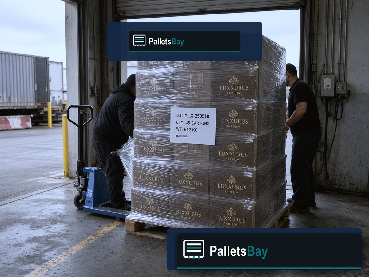 Mixed Designer Scent Pallets — Dock staging before freight