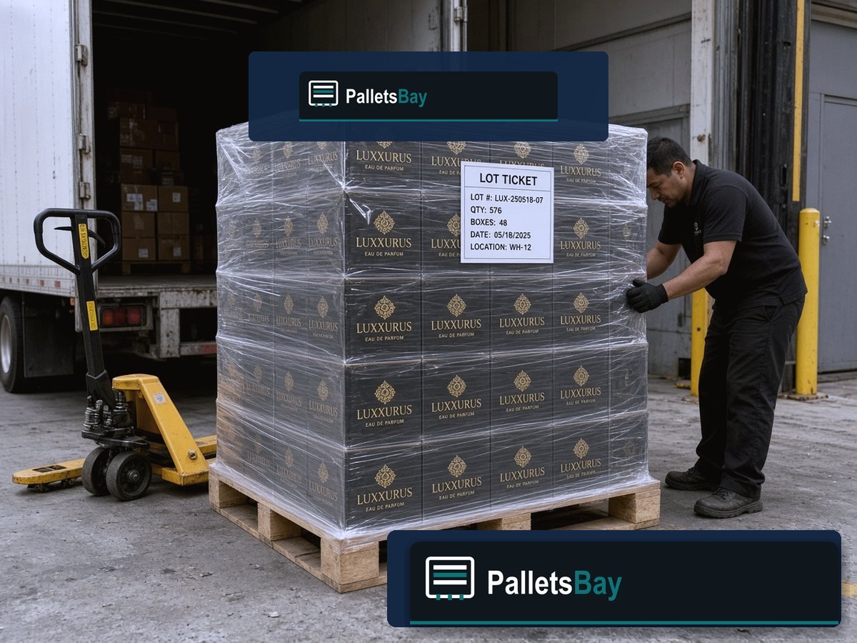 Mixed Luxury Fragrance Assortment Pallets — Dock staging before freight
