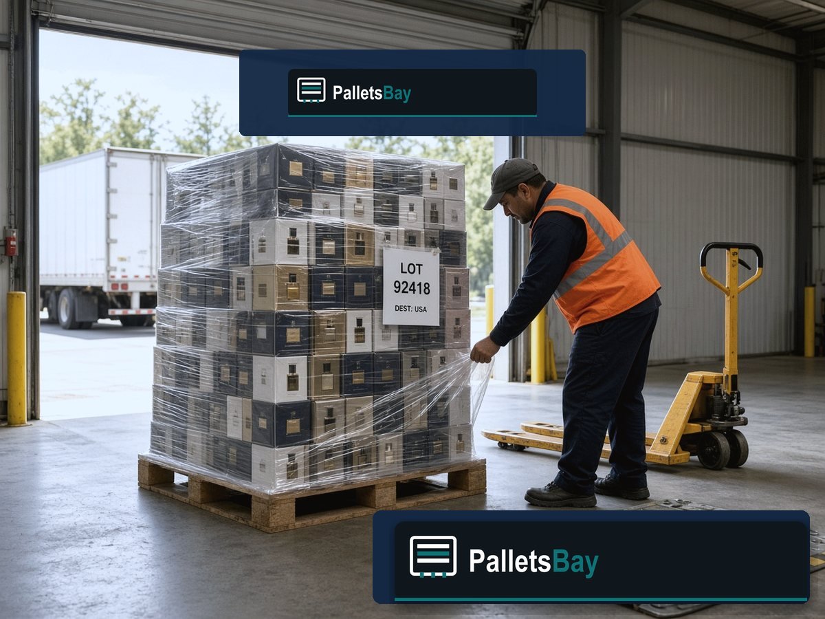 Versace Perfume Pallets — Dock staging before freight