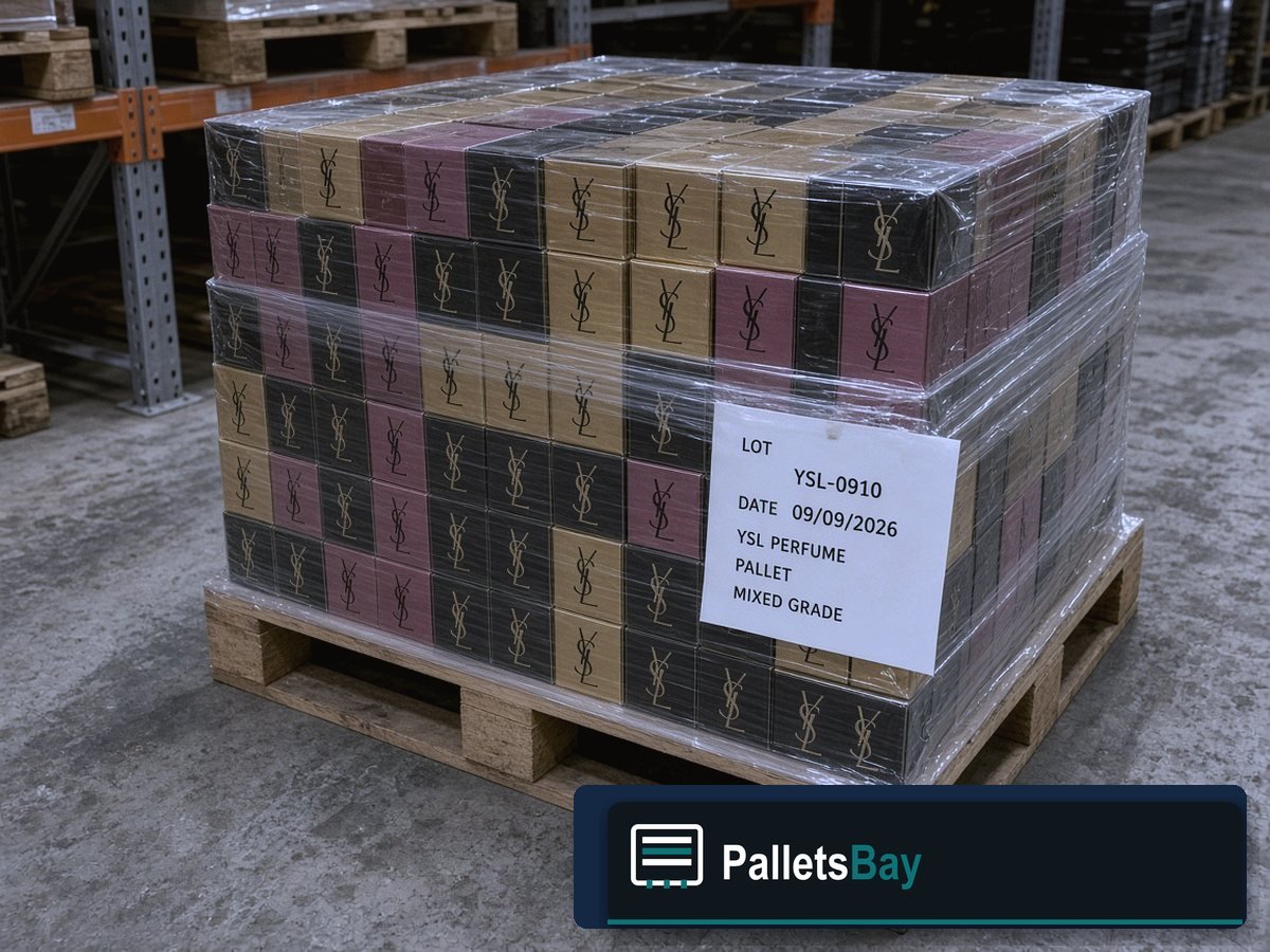 YSL Perfume Pallets — Lot inventory — boxed fragrance on the skid