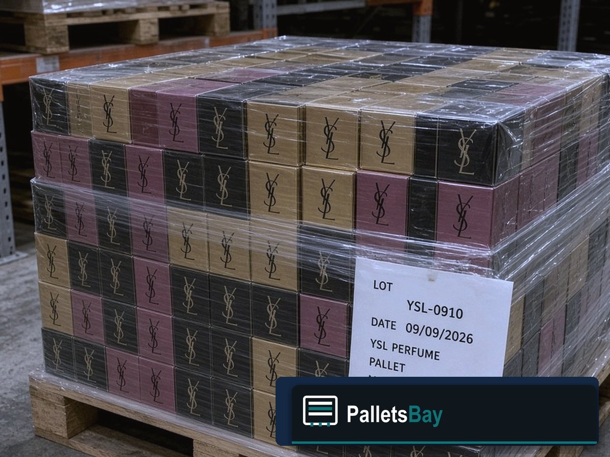 YSL Perfume Pallets — Lot inventory — boxed fragrance on the skid